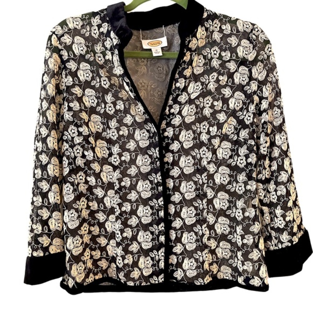 Talbots Embroidered Velvet Trim formal Jacket semi-sheer Button Front
